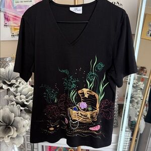 Black V-Neck T-Shirt with Colorful Chest Design